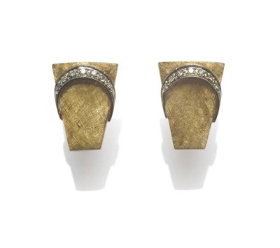 Lot 1030 - A Pair of Diamond Set Cufflinks, the yellow geometric heads with a textured finish overlaid...