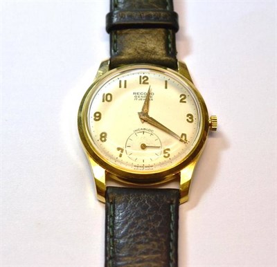 Lot 1036 - An 18ct Gold Wristwatch, signed Record, lever movement, silvered dial with applied Arabic numerals