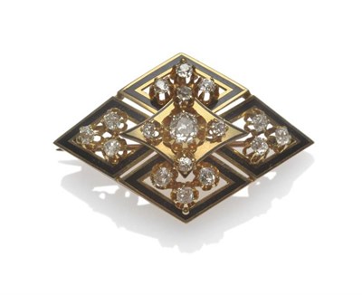 Lot 1039 - A Victorian Diamond Brooch, of five adjoining diamond shapes, each with black enamelled...