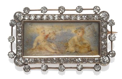 Lot 1044 - A Diamond Set Miniature Brooch, an oblong painted miniature of two children (faded) within a...