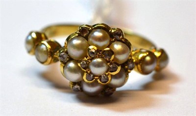 Lot 1068 - A Pearl and Diamond Cluster Ring, split pearls clustered with rose cut diamonds, in yellow...