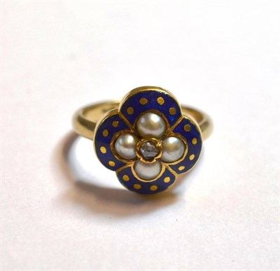 Lot 1105 - A Diamond, Pearl and Blue Enamel Cluster Ring, a rose cut diamond centrally within a frame of...