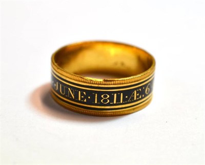 Lot 1109 - A Silver Gilt Mourning Ring, the plain band with milled edge, and enamelled in black around the...