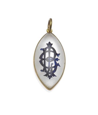 Lot 1114 - A Rock Crystal Intaglio Pendant, of marquise drop form, with enclosed initials 'EBL', coloured...