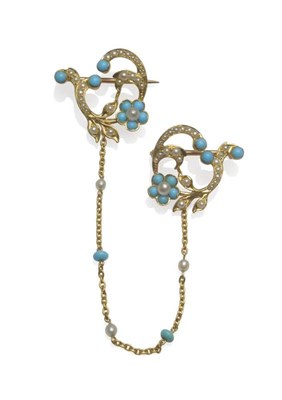 Lot 1116 - An Early 20th Century Seed Pearl and Turquoise Cloak Clasp, the stylised floral motifs chain...