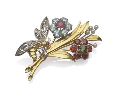 Lot 1163 - A Multi Gemstone Floral Spray Brooch, set with stones including cultured pearls, garnet, zircon and