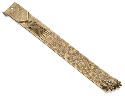 Lot 1165 - A 9 Carat Gold Diamond Set Bracelet, the three colour gold textured links in grid formation, with a