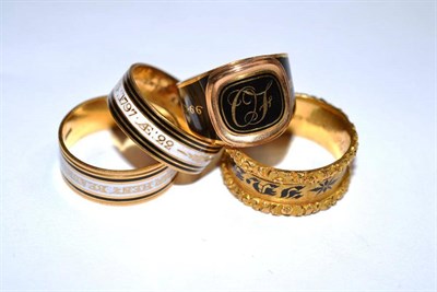 Lot 1177 - Four Silver Gilt Mourning Rings; the first enamelled in white 'Sally Edwards Ob 3 Aug 1797 Ae...