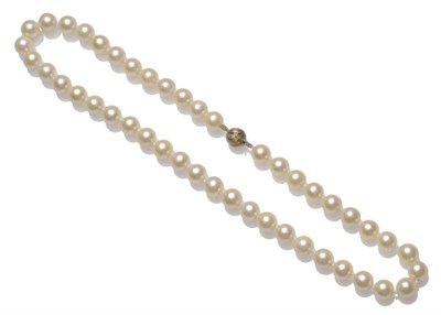 Lot 1186 - A Cultured Pearl Necklace, a single row of forty-five uniform knotted pearls, to a spherical clasp