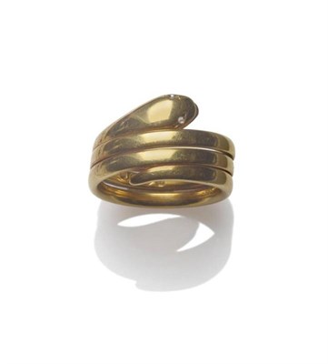 Lot 1203 - An 18 Carat Gold Snake Motif Ring, of yellow gold coiled form, with rose cut diamond eyes,...