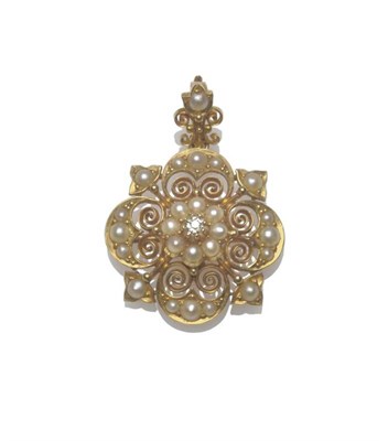 Lot 1204 - A Diamond and Pearl Brooch/Pendant, of floral form, with filigree inserts, and split pearl details