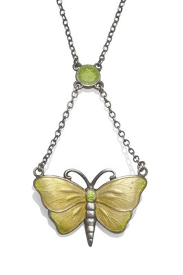 Lot 1214 - A Necklace, by Charles Horner, a butterfly motif enamelled in yellow and green hung from two...