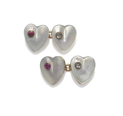 Lot 1243 - A Pair of Heart Shaped Cufflinks, comprising two chain linked mother-of-pearl hearts, one set...