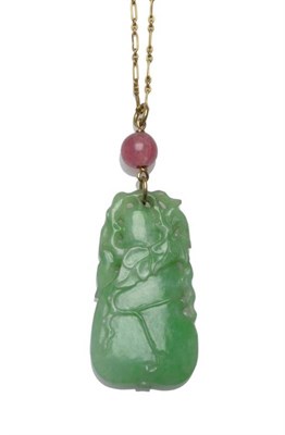 Lot 1244 - A Rose Quartz and Jade Pendant on Chain, a rose quartz bead suspends a tapered jade plaque,...