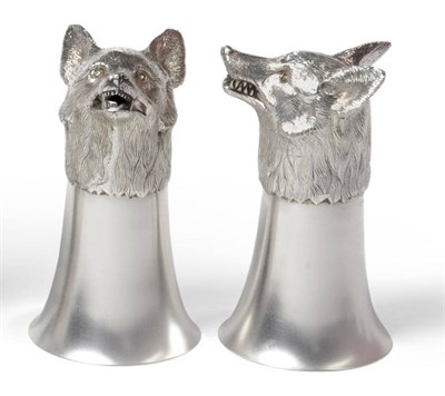 Lot 1246 - A Pair of Modern Silver Plated Stirrup Cups, each naturalistically modelled as a fox mask,...