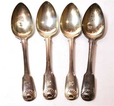 Lot 1303 - A Set of Four George III Silver Dessert Spoons, Josiah & George Piercy, London 1816, Fiddle, Thread