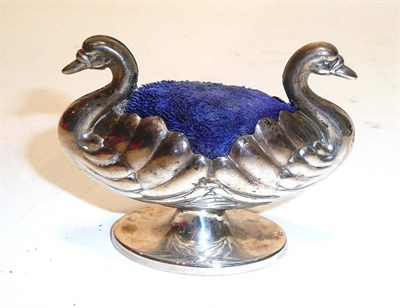 Lot 1373 - A Victorian Novelty Pin Cushion, maker's mark worn, Birmingham 1896, as two swans facing...