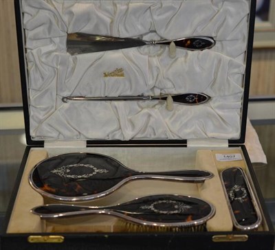 Lot 1407 - A George VI Six Piece Silver and Tortoiseshell Mounted Dressing Table Set, Adie Brothers Ltd,...