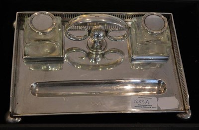 Lot 1265A - An Edward VII Silver Inkstand, maker's mark worn, Chester 1906, rectangular with a pierced...