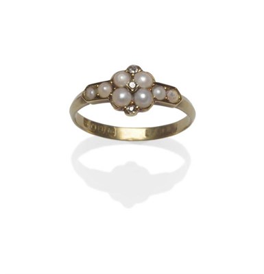Lot 1001 - An 18 Carat Gold Pearl and Diamond Ring, a split pearl cluster with old cut diamond accents,...
