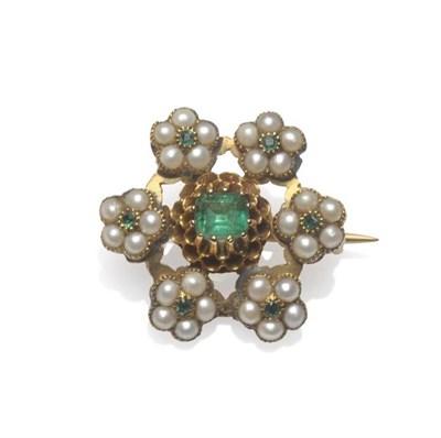 Lot 1006 - An Emerald and Pearl Cluster Brooch, circa 1880, a central step cut emerald within a yellow...