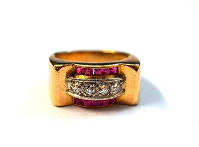 Lot 1015 - A Ruby and Diamond Ring, a row of old cut diamonds in white claw settings flanked by a row of...