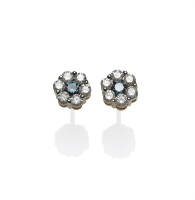 Lot 1020 - A Pair of Blue and White Diamond Cluster Stud Earrings, each comprises a round brilliant cut...