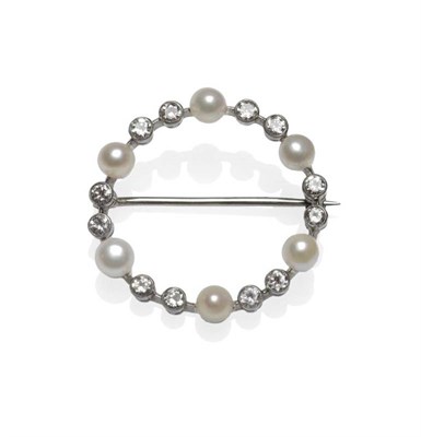 Lot 1045 - A Cultured Pearl and Diamond Hoop Brooch, circa 1910, pairs of old brilliant cut diamonds in...