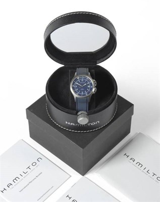 Lot 1050 - A Stainless Steel Automatic Calendar Centre Seconds Wristwatch, signed Hamilton, Khaki, 660ft,...