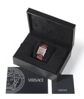 Lot 1051 - A Lady's Stainless Steel Centre Seconds Calendar Wristwatch, signed Versace, circa 2001, quartz...
