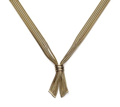 Lot 1061 - A 9 Carat Gold Necklace, five strands of herringbone link chain meet centrally with a bow...