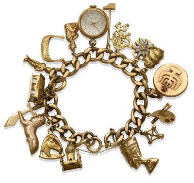 Lot 1068 - A Charm Bracelet, the curb link bracelet hung with seventeen charms, including an artist's palette