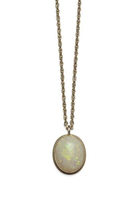 Lot 1083 - A 9 Carat Gold Opal Pendant on Chain, the oval cabochon opal within a rope twist border,...