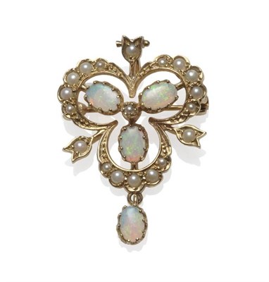 Lot 1098 - A 9 Carat Gold Opal and Seed Pearl Pendant/Brooch, the trefoil motif consists of a pearl...