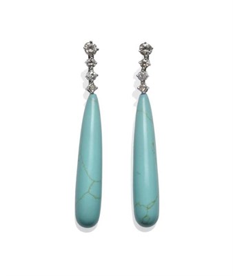 Lot 1117 - A Pair of Turquoise and Diamond Drop Earrings, the graduated round brilliant cut diamonds in...