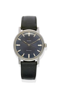 Lot 1118 - A Stainless Steel Centre Seconds Wristwatch, signed Omega, Geneve, 1970, lever movement, blue...