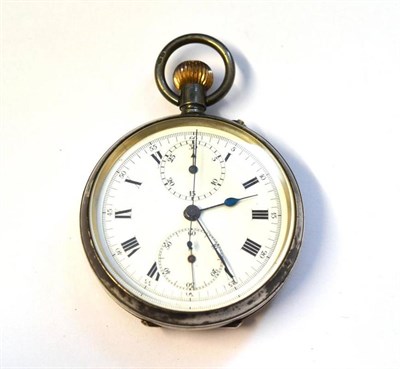 Lot 1129 - A Silver Single Push Chronograph Keyless Pocket Watch, 1919, lever movement, enamel dial with Roman