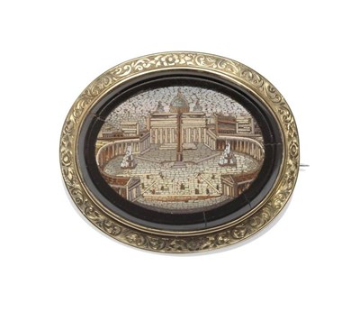 Lot 1153 - A 19th Century Micro Mosaic Brooch, depicting St Peters Basilica, Rome, in a frame engraved...