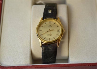 Lot 1155 - A Gold Plated and Steel Calendar Centre Seconds Wristwatch, signed Omega, Seamaster, circa...