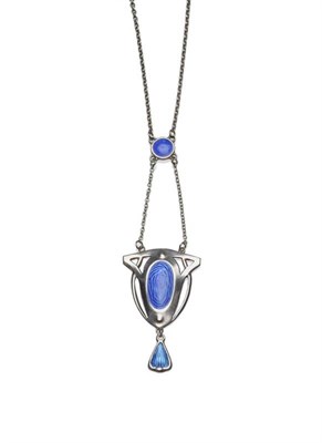 Lot 1162 - A Silver Enamelled Necklace, by Charles Horner, the drop enamelled in blue, and suspended from...