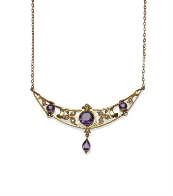 Lot 1163 - An Edwardian Amethyst and Seed Pearl Necklace, an articulated crescent shaped plaque to the...