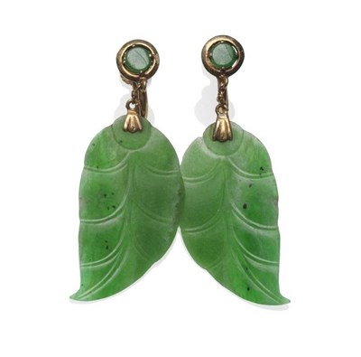 Lot 1172 - A Pair of Jade Leaf Motif Drop Earrings, round polished jade stones, in yellow disk settings, chain