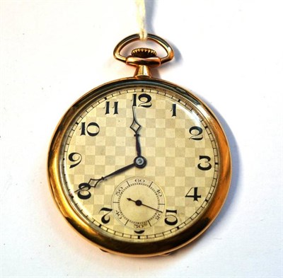 Lot 1175 - A 9ct Gold Open Faced Keyless Pocket Watch, 1930, lever movement, chequered silvered dial with...