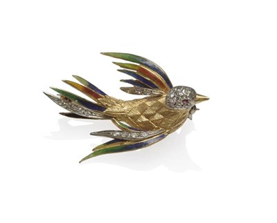 Lot 1177 - A Bird Brooch, yellow textured body, with diamond set head, and a ruby eye, wings and tail feathers