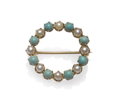 Lot 1178 - A Turquoise and Split Pearl Hoop Brooch, cabochon turquoise alternate with split pearls, in...