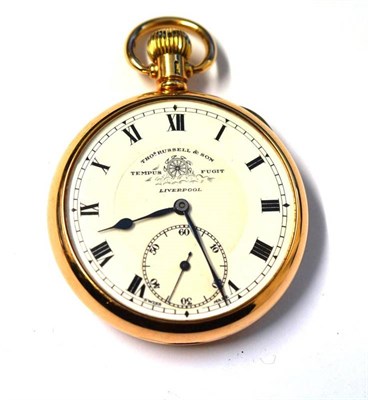 Lot 1192 - A 9ct Gold Open Faced Pocket Watch, signed Thos Russell, 1922, lever movement with dust cover,...