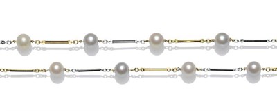 Lot 1198 - An 18 Carat Two Colour Gold Cultured Pearl Necklace, of alternating yellow and white bar links...