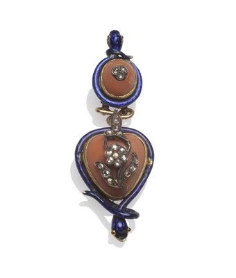 Lot 1200 - A Blue Enamel, Coral and Diamond Drop, of two parts, the upper part of an oval coral with rose...