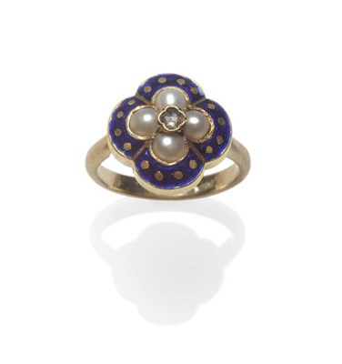 Lot 1210 - A Diamond, Pearl and Blue Enamel Cluster Ring, a rose cut diamond centrally within a frame of...