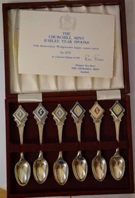 Lot 1231 - A Set of Six Elizabeth II Silver Teaspoons, Churchill Mint, Sheffield 1977, each set with a...